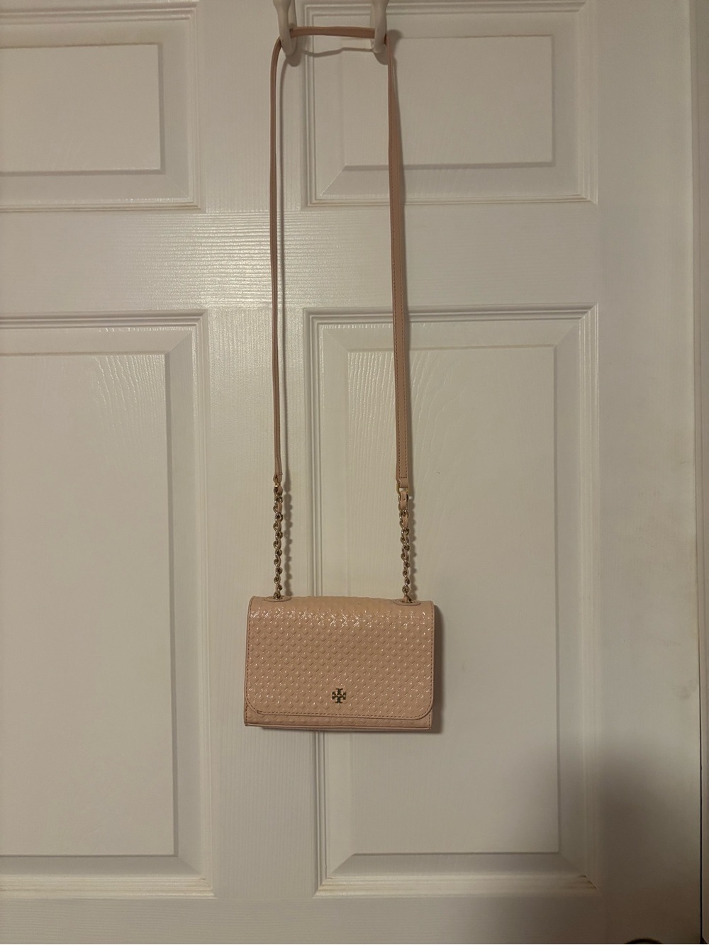 Tory Burch Blush Marion Embossed Crossbody with Gold Chain and Accents